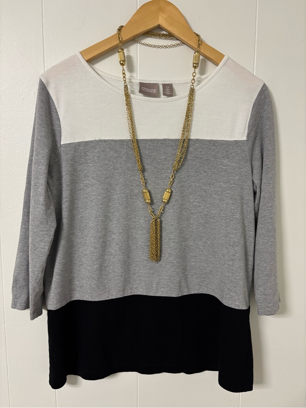 Chico's Three-Tone Colorblock Long Sleeve Top in White, Gray & Black